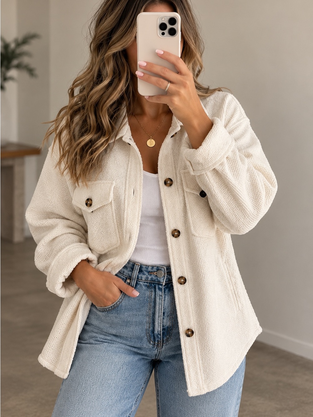 Cream Button-Front Shacket Jacket